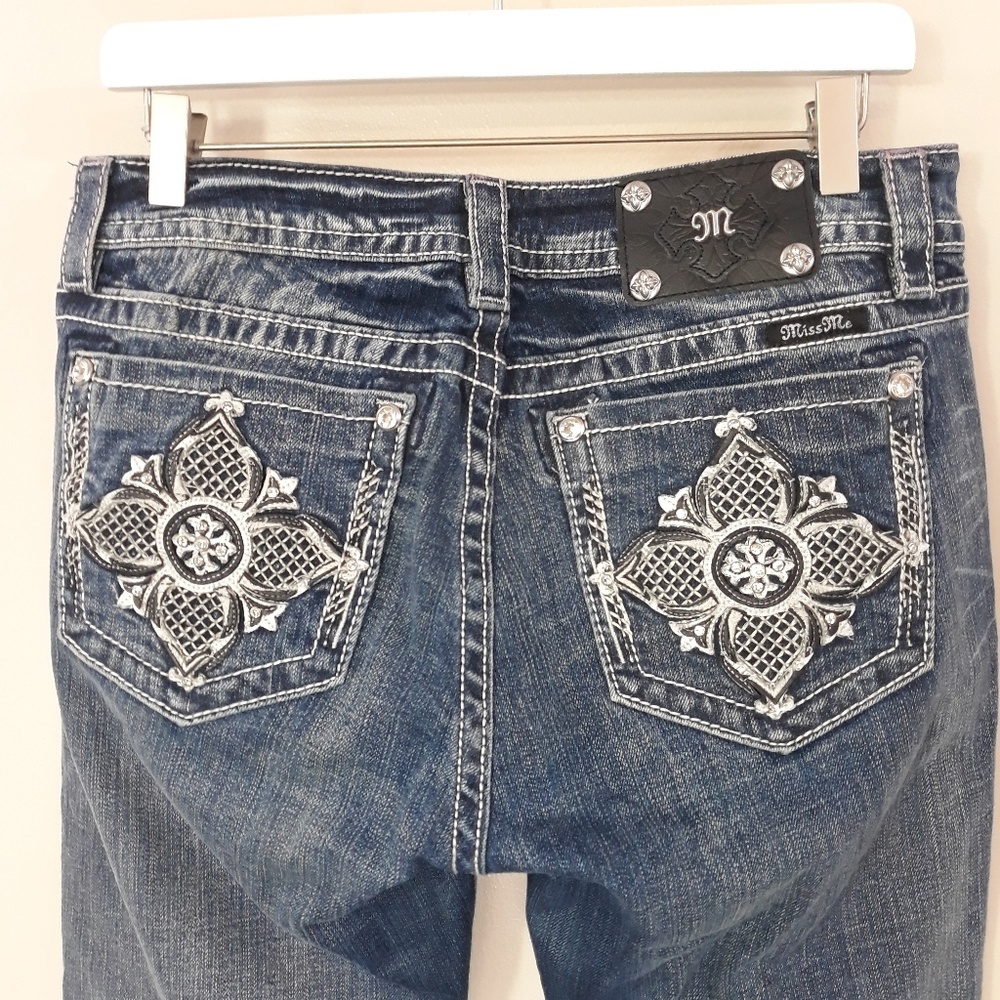 Miss me Bling Flower Pocket Mid Rise Boot Cut Jean